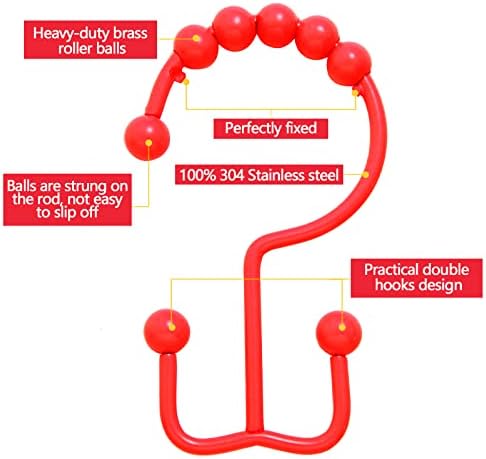 Shower Curtain Hooks,304 Stainless Steel Shower Rings for Bathroom,Double Glide Shower Hooks for Bathroom Shower Curtain Rods Curtains,Set of 12 Hooks,Red（Shower Curtain Hooks Style A ）