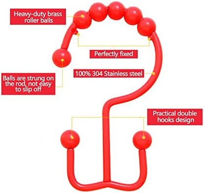 Shower Curtain Hooks,304 Stainless Steel Shower Rings for Bathroom,Double Glide Shower Hooks for Bathroom Shower Curtain Rods Curtains,Set of 12 Hooks,Red（Shower Curtain Hooks Style A ）