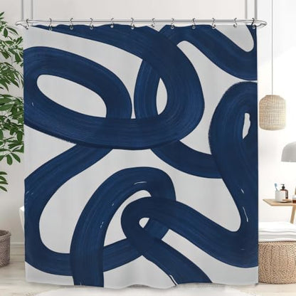 Abstract Navy Blue Shower Curtain 60Wx72L Inch Modern Minimalist Contemporary Geometric Line Neutral Simple Geometric Bathroom Set Accessories Decor with 12 Pack Hooks