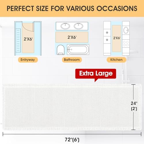 Extra Large Waffle Bath Mat White 6'x2'(72" x 24"), Boho Woven Modern Bath Mat Rugs, Absorbent Non Slip Bathroom Rugs, Soft Washable Bath Rugs with Tassels for Bathroom, Bedroom, Kitchen, Shower, Tub