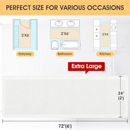 Extra Large Waffle Bath Mat White 6'x2'(72" x 24"), Boho Woven Modern Bath Mat Rugs, Absorbent Non Slip Bathroom Rugs, Soft Washable Bath Rugs with Tassels for Bathroom, Bedroom, Kitchen, Shower, Tub