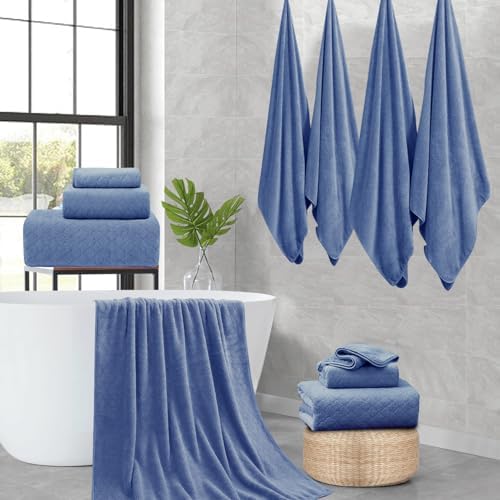 Ycosy 8-Piece Bath Towels Set,2 Oversized Large Bath Sheet,2 Hand Towels and 4 Washcloths - 600 GSM Soft Microfiber Highly Absorbent Quick Dry Shower Towel for Bathroom Hotel and Spa,Air Force Blue