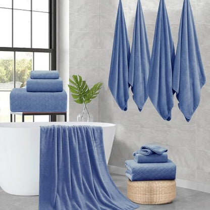 Ycosy 8-Piece Bath Towels Set,2 Oversized Large Bath Sheet,2 Hand Towels and 4 Washcloths - 600 GSM Soft Microfiber Highly Absorbent Quick Dry Shower Towel for Bathroom Hotel and Spa,Air Force Blue