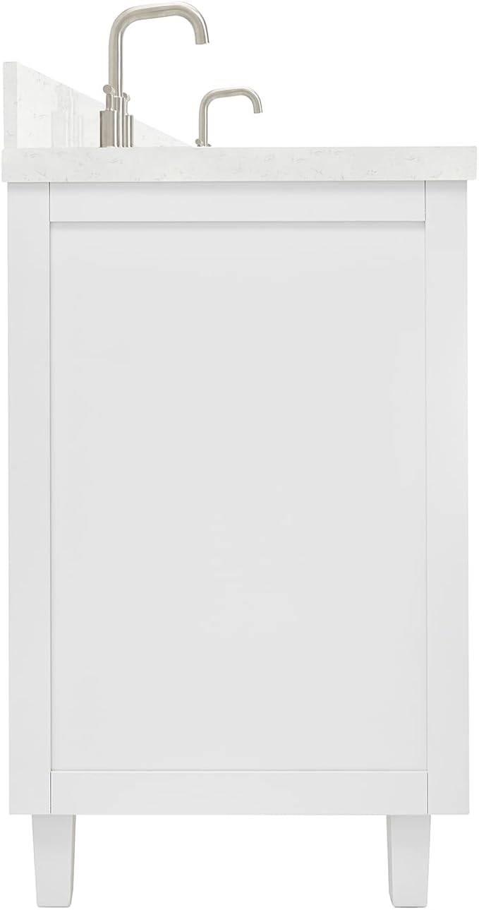 ARIEL Monroe 72-inch Bathroom Vanity with Sink,Solid Wood, 1.5-inch Carrara White Quartz Countertop & Backsplash, Double Oval Porcelain Sink, 9 Dovetail Drawers, Brushed Nickel, White