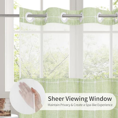 MitoVilla No Hooks Required Farmhouse Shower Curtain with Snap-in Liner - with Window & Magnets, Boho Cotton Linen Fabric Shower Curtains with Tassels for Rustic Bathroom Decor, Sage Green, 72 x 74