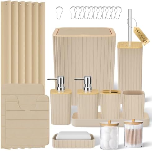 XLHOMO Bathroom Set- 25PC Beige Bathroom Set, Bathroom Set with Shower Curtain and Rugs, Beige Shower Curtain Set, Toilet Brush, Bathroom Trash Can