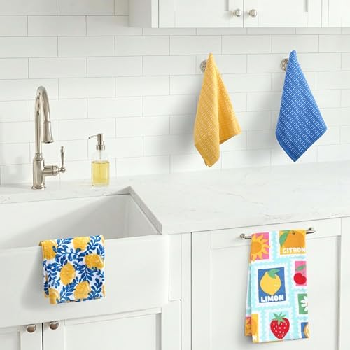 Ritz 4-Piece Kitchen Towel Set, Citron Vine & Summer Fruit Stamp Prints with Yellow & Blue Textured Terry, 100% Cotton & Absorbent Blend, 16" x 26", Vintage Mediterranean Fruit Kitchen Decor