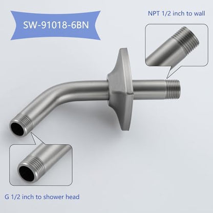 Angled Shower Arm with Flange 6 Inch Stainless Steel Stream Shower Head Replacement Pipe Wall Mounted Extension Arm, Brushed Nickel SW-91018-6BN.