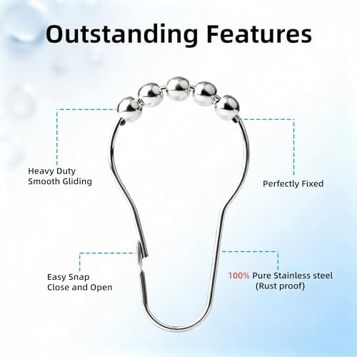 Shower Curtain Hooks Rings,Decorative Rust Proof Stainless Steel Shower Curtain Hooks,for Bathroom Shower Rods Curtains,Set of 12,Silver(Silver)