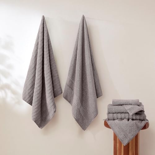 Modern Threads Otis 6-Piece 100% Cotton Towel Set – Zero Twist Jacquard Chevron – Includes 2 Bath Towels, 2 Hand Towels, 2 Washcloths – Absorbent, Quick Dry, Soft & Durable – Taupe