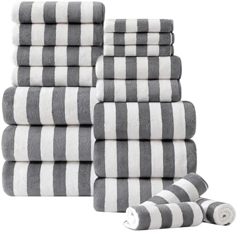 18 Pcs Gray Stripe Bath Towel Set with Hanging Loop-6 Bath Towels,6 Hand Towels,6 Washcloths Soft Family Towels Set Bathroom Towel Highly Absorbent Quick Dry Shower Towel for Beach Chair Spa Gym Hotel