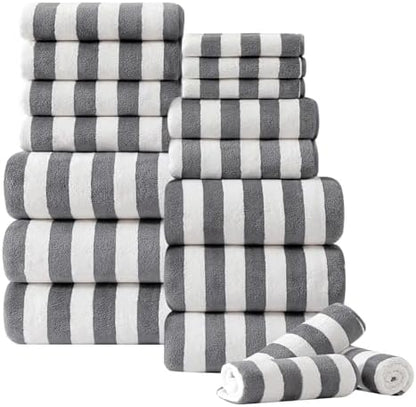18 Pcs Gray Stripe Bath Towel Set with Hanging Loop-6 Bath Towels,6 Hand Towels,6 Washcloths Soft Family Towels Set Bathroom Towel Highly Absorbent Quick Dry Shower Towel for Beach Chair Spa Gym Hotel