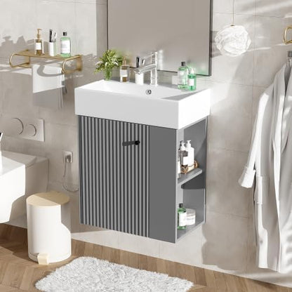 BNSPLY 22 Inch Floating Bathroom Vanity with Sink, Wall Mounted Bathroom Vanity Cabinet with Ceramic Sink, Modern Single Basin Vanities, Small Restroom Basin Cabinet with Right Side Storage, Gray