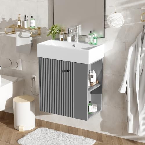 BNSPLY 22 Inch Floating Bathroom Vanity with Sink, Wall Mounted Bathroom Vanity Cabinet with Ceramic Sink, Modern Single Basin Vanities, Small Restroom Basin Cabinet with Right Side Storage, Gray