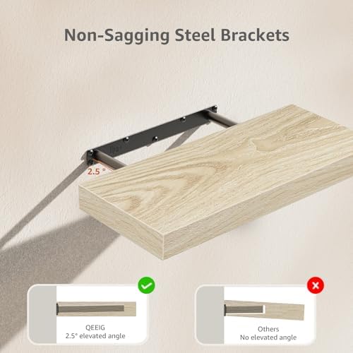 QEEIG Bathroom Floating Shelves for Wall - 15.7" Wall Mounted Shelf Over Toilet Farmhouse Home Decor Display Bookshelf Small 15.7 x 6.7 inch Set of 2, Natural (008-40N)