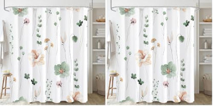 Gibelle Watercolor Floral Shower Curtain, Sage Green Beige Flower Shower Curtain for Bathroom, Modern Minimalist White Waterproof Fabric Shower Curtain Set 72x72 Inch (Pack of 2)