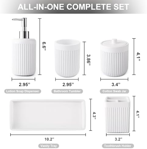 XLHOMO Resin White Bathroom Accessories Set 5 Pcs, Lotion Soap Dispenser, Toothbrush Holder, Bathroom Tumbler, Qtip Holder and Vanity Tray, Bathroom Countertop Organizer Set for Modern Home Apartment
