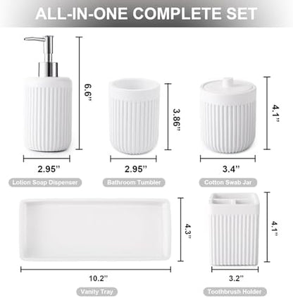 XLHOMO Resin White Bathroom Accessories Set 5 Pcs, Lotion Soap Dispenser, Toothbrush Holder, Bathroom Tumbler, Qtip Holder and Vanity Tray, Bathroom Countertop Organizer Set for Modern Home Apartment