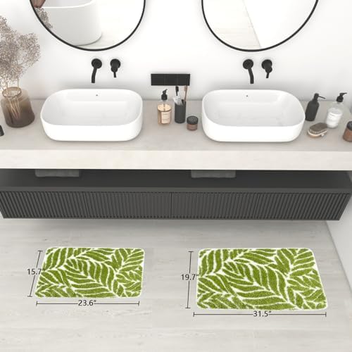Green Leaf Bathroom Rugs - Bathroom Decor Cute Bath Mat for Sink, Tub, Small Rug, Green Bath Mats Washable Non Slip Funny Water Absorbent Bath Rugs Leaves 16" x 24"