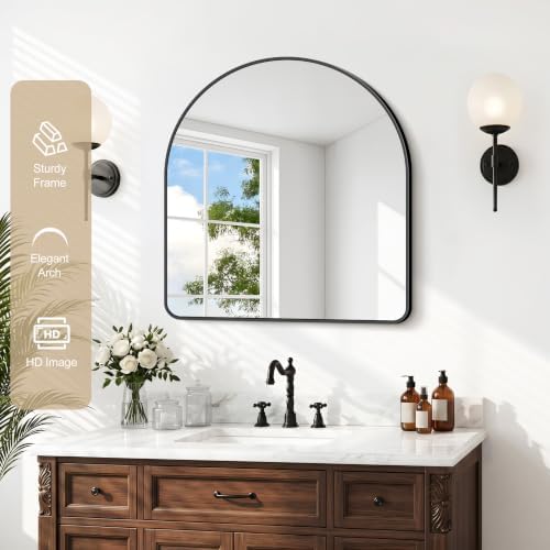 GLASHOM Arched Bathroom Vanity Mirror, 24"x24" Black Frame Wall Mirror