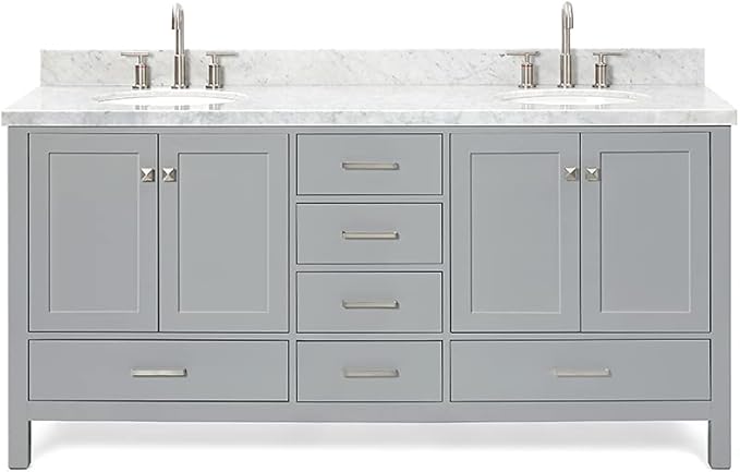 ARIEL Cambridge 72-inch Bathroom Vanity with Sink,Solid Wood, 1.5-inch Italian Carrara Marble Countertop & Backsplash, Double Oval Porcelain Sink, 4 Soft Closing Doors, 6 Dovetail Drawers, Grey