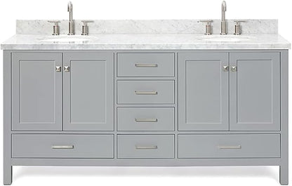ARIEL Cambridge 72-inch Bathroom Vanity with Sink,Solid Wood, 1.5-inch Italian Carrara Marble Countertop & Backsplash, Double Oval Porcelain Sink, 4 Soft Closing Doors, 6 Dovetail Drawers, Grey