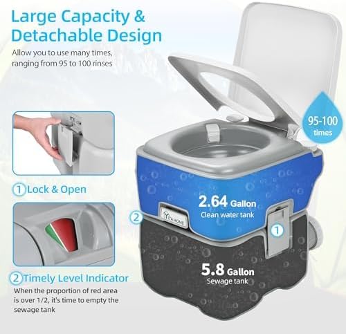 YITAHOME Portable Toilet for Adults, 5.3 Gallon Camping Porta Potty with Carry Bag, Hand Sprayer, Level Indicator, Handle Pump and Leak-Proof, Indoor Outdoor Toilet for RV Travel, Boat, Hiking, Trips