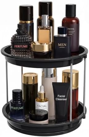 360 Rotating Makeup Organizer for Vanity, 2 Tier Cologne Organizer for Men, Skincare & Perfume Holder for Bathroom Counter, Dresser, Shelf, Cabinet, Black