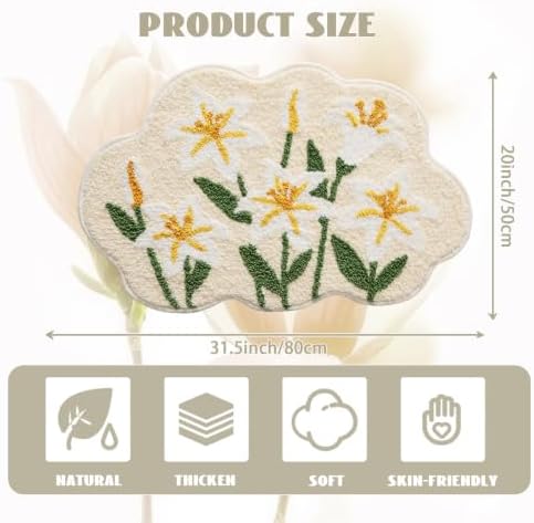 Cloud-Shaped Lily Bath Mat, Soft Non-Slip Fluffy Fresh Flowers Bathroom Rug, Ultra Absorbent Microfiber Shaggy Door Mat, Machine Washable Bath Rug Carpet for Bathtub Bedroom 20x31 Inch (White Lily)