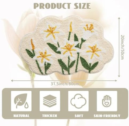 Cloud-Shaped Lily Bath Mat, Soft Non-Slip Fluffy Fresh Flowers Bathroom Rug, Ultra Absorbent Microfiber Shaggy Door Mat, Machine Washable Bath Rug Carpet for Bathtub Bedroom 20x31 Inch (White Lily)