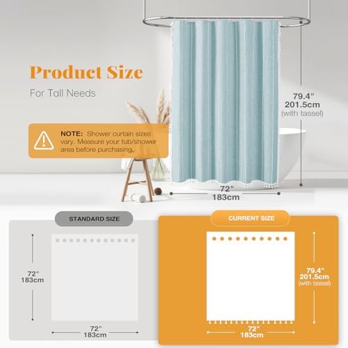 BTTN 72x78 Long Boho Farmhouse Linen Heavy Duty Shower Curtain, Fog Blue