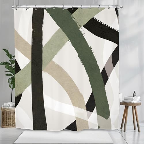 Abstract Sage Green Black Shower Curtain 60Wx72L Inch Line Minimalist Contemporary Modern Simple Art Bathroom Set Accessories Decor with 12 Pack Hooks