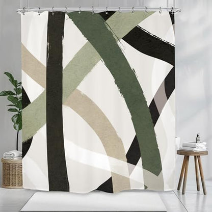 Abstract Sage Green Black Shower Curtain 60Wx72L Inch Line Minimalist Contemporary Modern Simple Art Bathroom Set Accessories Decor with 12 Pack Hooks