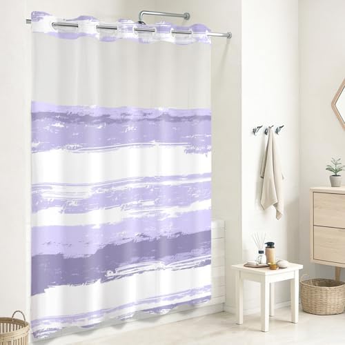 No Hook Shower Curtain with Liner, Purple Stripe, 71x74 Inch