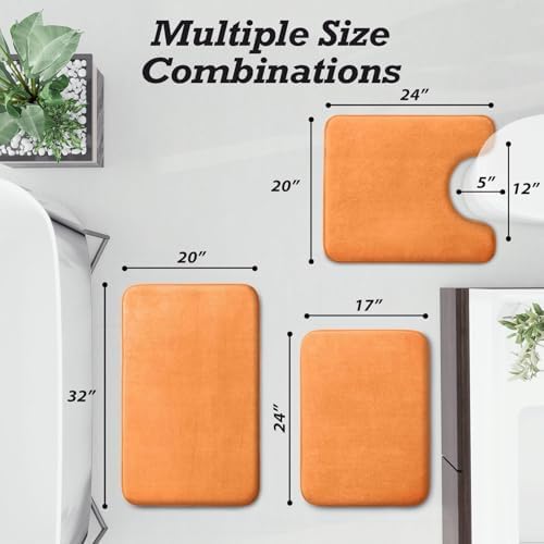 HUXMEYSON Bathroom Rugs Sets 3 Piece, Non-Slip & Quick Dry Bath Mat Set, Ultra Soft Velvet Bath Rugs for Bathroom, Toilet and Shower Floor, Orange