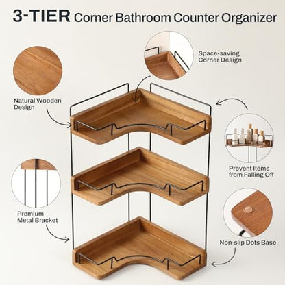 3-Tier Bathroom Counter Organizer, Wooden Corner Shelf for Vanity Countertop Skincare & Makeup, Storage and Organization for Kitchen