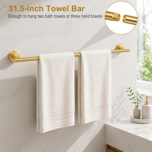 Brushed Gold Bathroom Accessories Set, 5 Pieces Gold Towel Bar Bathroom Hardware Set, 31.5 Inch Towel Racks for Bathroom, SUS304 Stainless Steel Bathroom Towel Holder Toilet Paper Holder Wall Mounted
