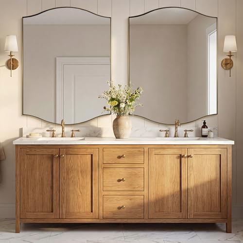 ANDY STAR Rectangle Scalloped Mirror, 36"x48" Brushed Gold Bathroom Mirror in SUS304 Stainless Steel Metal Frame, Brass Vanity Mirror with Unique Arched Top Design