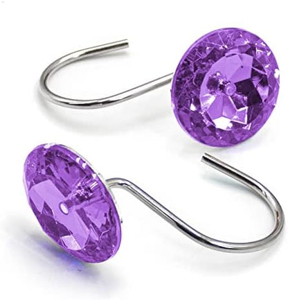 Crystal Diamond Round Shower Curtain Hooks Rings for Bathroom,Purple,12PCS