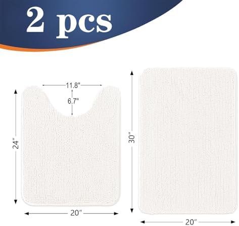 OLANLY Chenille Bathroom Rugs Mats Sets 2 Piece, 30"x20"+24"x20", Ivory