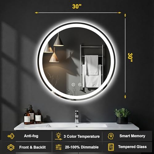 Round LED Bathroom Mirror with Lights, 30 Inch Circle Lighted Vanity Mirror