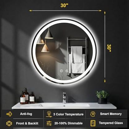 Round LED Bathroom Mirror with Lights, 30 Inch Circle Lighted Vanity Mirror