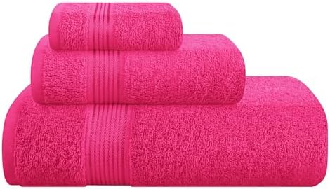 Belizzi Home Ultra Soft 3 Pack Cotton Towel Set, Contains a Bath Towel 28x55 inch, a Hand Towel 16x24 inch & a Wash Coth 12x12 inch, Ideal Everyday use, Compact & Lightweight - Hot Pink
