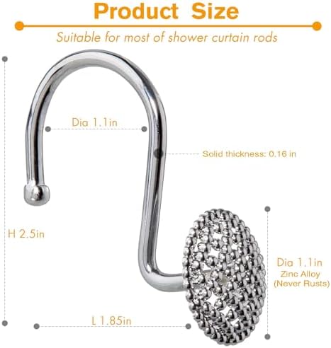 Pearlbee Chrome Shower Curtain Hooks, Round Beaded Design 12Pcs Zinc Alloy