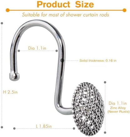 Pearlbee Chrome Shower Curtain Hooks, Round Beaded Design 12Pcs Zinc Alloy
