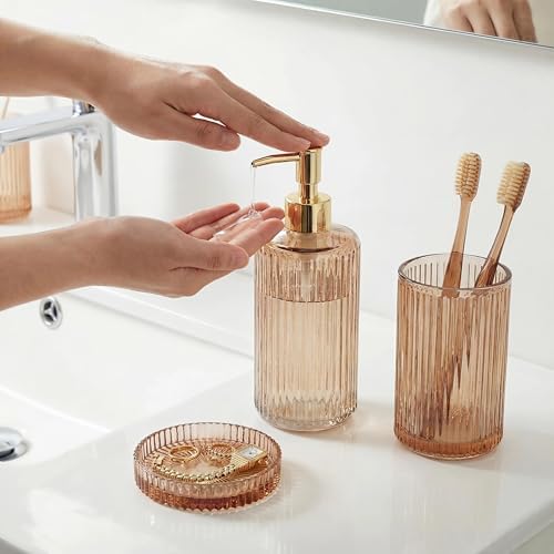 3 Pcs Brown Bathroom Accessories Set, Glass Bathroom Set, Soap Dispenser, Toothbrush Holder, Jewelry Tray, Crystal Modern Bathroom Decor, Housewarming Gift Set