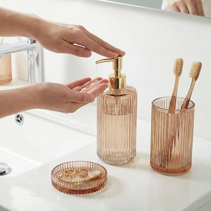 3 Pcs Brown Bathroom Accessories Set, Glass Bathroom Set, Soap Dispenser, Toothbrush Holder, Jewelry Tray, Crystal Modern Bathroom Decor, Housewarming Gift Set
