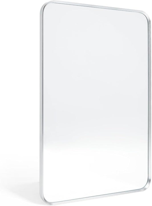 Brushed Nickel Bathroom Wall Mirror, Silver Metal Framed Large Rounded Corner Rectangle Mirror, Tempered Glass, Shatter Proof, Hangs Horizontally or Vertically (40" x 30", Silver)
