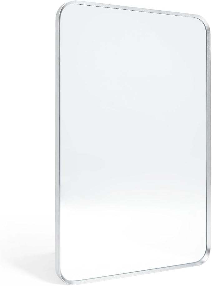 Silver Bathroom Mirror 24x30in, Metal Framed Rounded Rectangle | Tempered Glass, Shatter Proof, Anti-Rust Frame, Hangs Horizontal or Vertical