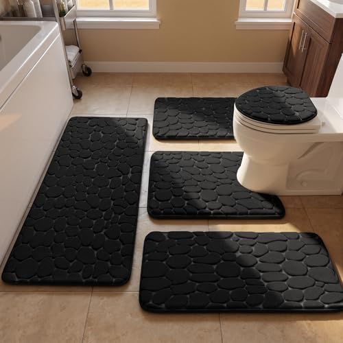 YIHOUSE Bathroom Rugs Mat Set, Memory Foam Bath Mat 5 Piece Black